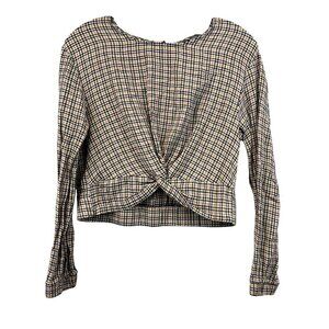 Bershka Women’s Cropped Twisted Hem Checkered Top Long Sleeve Size Medium